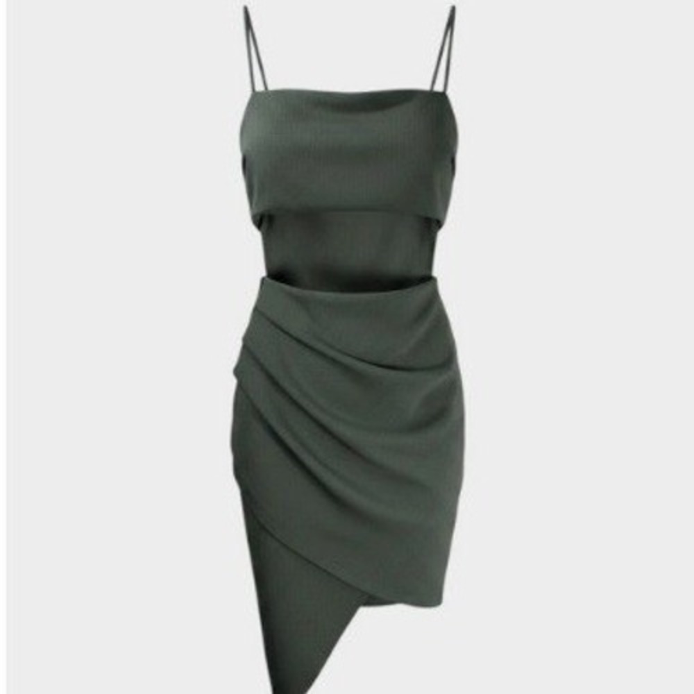 Windsor Olive Green Cut Out Cowl Neck Asymmetrical Tulip Hem Mini Dress Womens S
